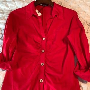 Zara linen blend button down dress with ruching, gorgeous shade of Red, NWT